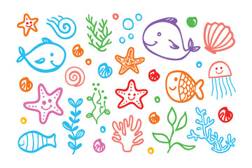 Underwater World Sketch: A whimsical and colorful illustration featuring a delightful array of sea creatures, evoking a sense of playful exploration and the vibrant beauty of marine life.