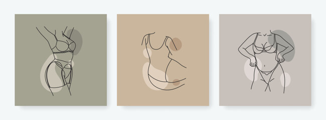 Beautiful linear set of female silhouettes in lingerie. Simple women body in underwear. Abstract sensual concept in sketch style. Outline design for print, poster, card, cover, social media template