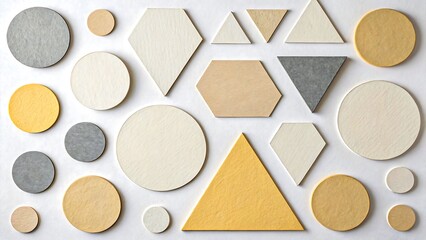 Geometric shapes in various neutral colors against a white background