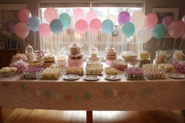 Festive dessert table adorned with pastel balloons and a variety of cakes and sweets, perfect for celebrations or parties.