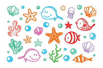 Ocean Doodle: A vibrant illustration bursting with playful sea creatures like smiling fish and intricate seashell amidst bubbles and aquatic plants creating a colorful scene of marine life.