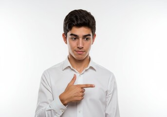 Young man points sideways, expressive portrait against a pristine backdrop