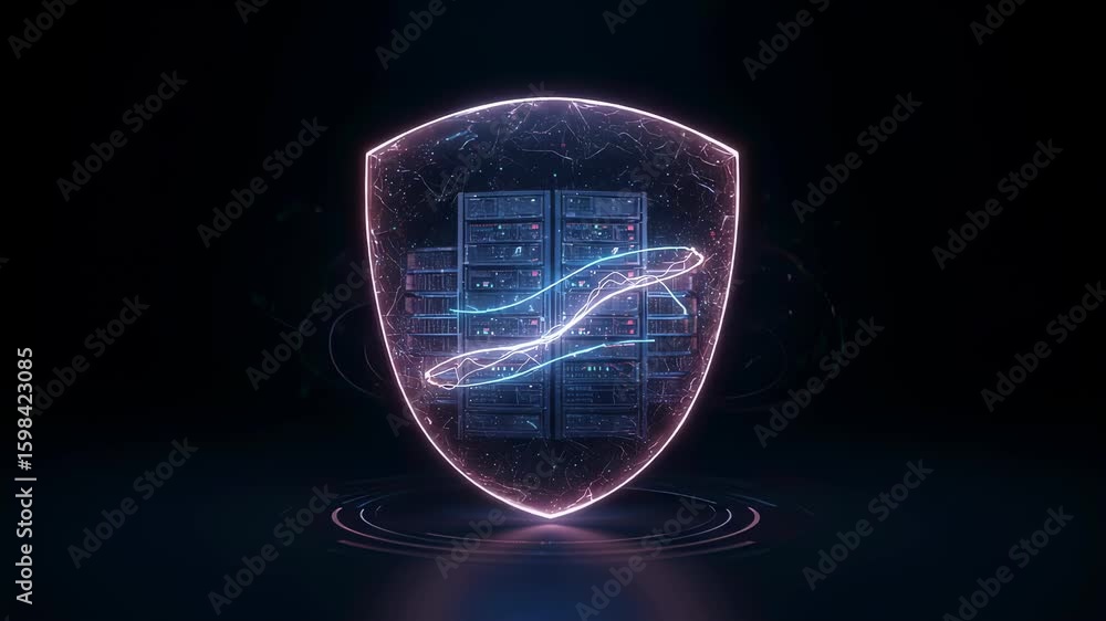Poster neon shield protecting server room with data flow. cybersecurity, network defense, and digital infor
