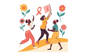 Three diverse women celebrating and raising a pink ribbon flag symbolizing breast cancer awareness and support isolated on white background silhouette