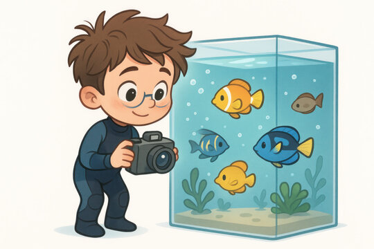 Boy Taking Photo of Fish Illustration - Powered by Adobe
