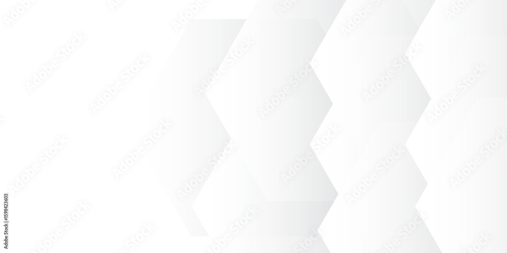 Poster abstract seamless background with overlapping translucent white hexagons on a light gray to white gr