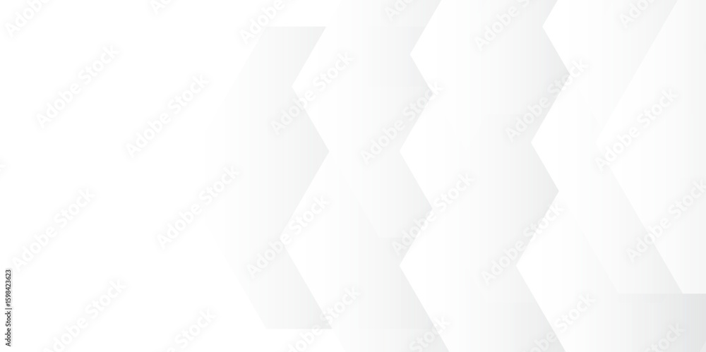 Poster abstract seamless background with overlapping translucent white hexagons on a light gray to white gr