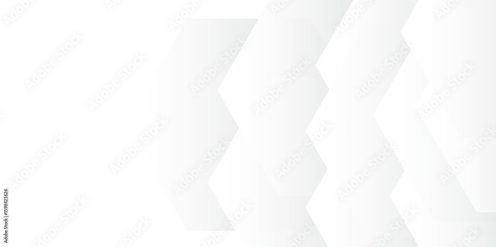 Poster abstract seamless background with overlapping translucent white hexagons on a light gray to white gr