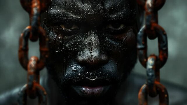 Chains of oppression: slavery roots, trade horrors, racism rise, captive lives, ownership wrong, enforced labor, freedom denied, social injustice, racial divide, exploited souls, historical burden.