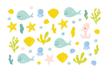 Whimsical Underwater World: A playful illustration presents a cheerful scene with whales, starfish, shells, and other marine elements, evoking a sense of wonder and undersea exploration.