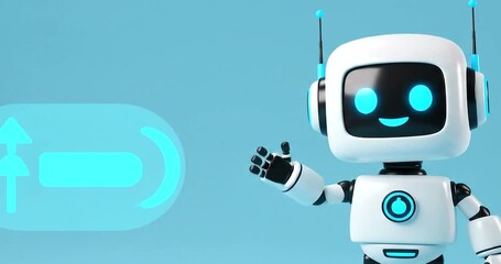 A cute, friendly robot waving hello on a plain blue background - Powered by Adobe