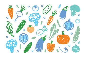 Delicious Fresh Vegetables Illustration: A vibrant array of fresh, hand-drawn vegetables bursts with color and wholesome goodness, perfect for any health and food related project.