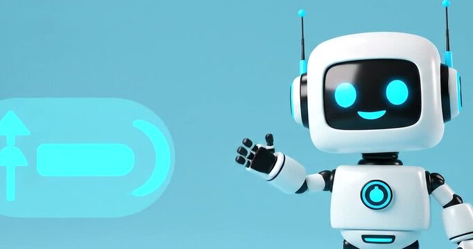A cute, friendly robot waving hello on a plain blue background