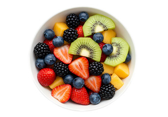Obraz premium Vibrant Fruit Salad in a Bowl A Colorful Mix of Strawberries Blueberries Blackberries Kiwi and Mango