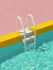 A vibrant minimalist poolside scene featuring a ladder, clear turquoise water, and contrasting pink and yellow surroundings.