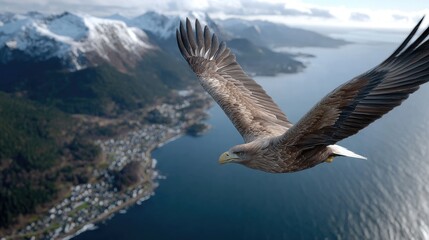 Naklejka premium Eagle glides gracefully above stunning fjords, showcasing a dramatic landscape of snow-covered peaks and serene waters
