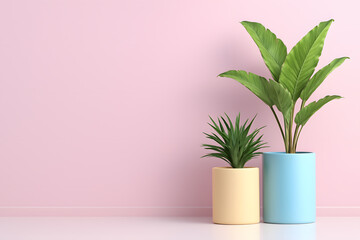Obraz premium Two potted plants against a pink wall with a white floor