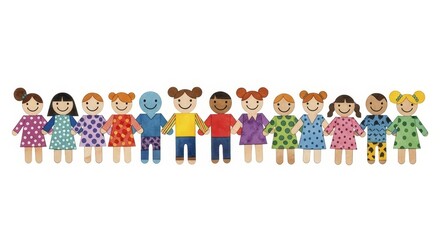 Colorful Paper Figures Representing Unity and Diversity - A cheerful lineup of colorful paper figures, symbolizing unity and diversity through friendship, togetherness, joy, inclusion, and community