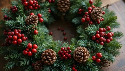 Fototapeta premium Detailed Christmas Wreath with Red Berries and Pinecones