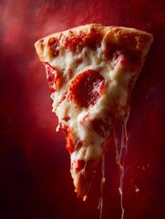 Mouthwatering pepperoni pizza slice with melted cheese, showcasing a savory and appetizing appearance against a vivid red background.