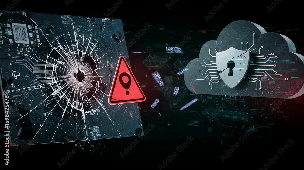 Poster circuit board with broken screen and warning sign. data breach, cyber security threat, digital hacki