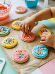 Child decorating colorful frosted cookies with sprinkles