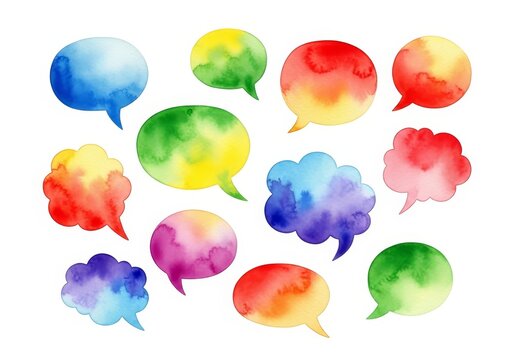Colorful Speech Bubbles Watercolor Illustration - A vibrant collection of watercolor speech bubbles in various colors and shapes suitable for communication themes