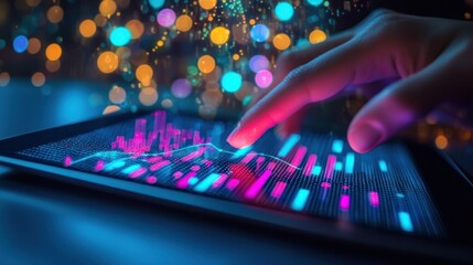 Interactive data visualization on a tablet.  Finger touching dynamic graphs