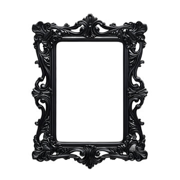 Ornate black victorian picture frame with intricate carvings isolated on transparent background