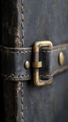 Closeup of old leather suitcase buckle worn brass and stitching