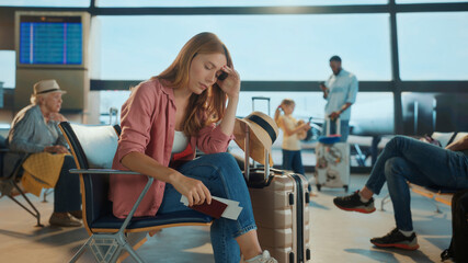 Stressed tourist woman waiting for a delayed flight in airport lounge