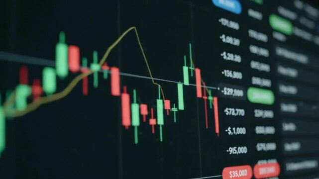 Financial market analysis digital display showing real time stock trading data with green and red candlestick charts investment growth loss economy background - Powered by Adobe