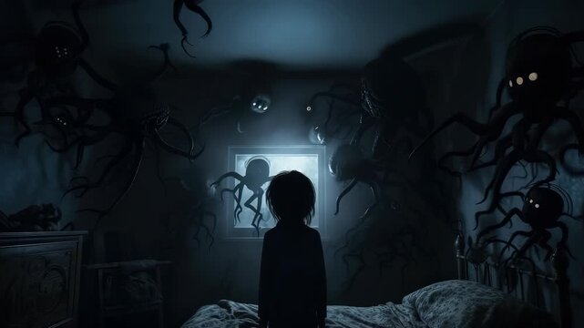 Shadow scare video: Bedroom scene with child facing monster silhouette, depicting dream horror, nighttime fear, imagination threat, bedtime anxiety, eerie shape, sleep dread, quiet fright, wall image