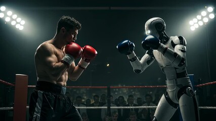 Man boxer fighting robot in boxing ring. Artificial intelligence versus human strength in sport competition footage. - Powered by Adobe