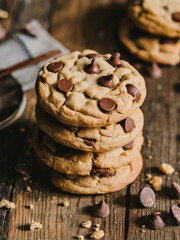 Delicious stack of homemade chocolate chip cookies on a wooden surface