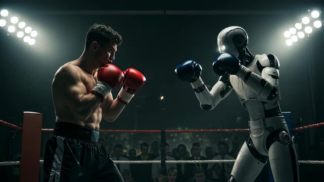 Man boxer fighting robot in boxing ring. Artificial intelligence versus human strength in sport competition footage.
