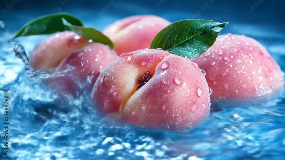 Poster captivating video of fresh peaches under a refreshing stream of water in a vibrant studio setting