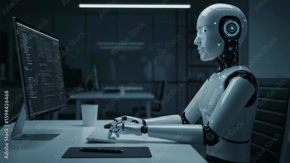 Poster A robot is typing on computer keyboard with code on screen. Artificial intelligence neural network programming. AI coding footage.