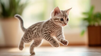 Playful silver Bengal kitten leaps mid-air in sunlit room.