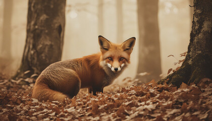red fox in autumn forest with bushy tail