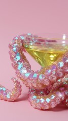 A vibrant pink tentacle adorned with gems twirls around a glass of champagne, set against a pastel background.