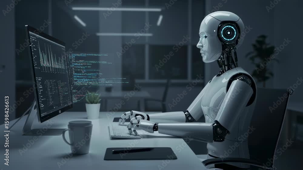 Poster cyborg woman typing on keyboard at desk with futuristic interface and code. artificial intelligence 