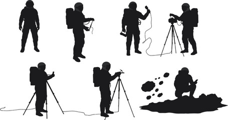 Naklejka premium Vector art of astronaut silhouettes are captured in various activities isolated on white background
