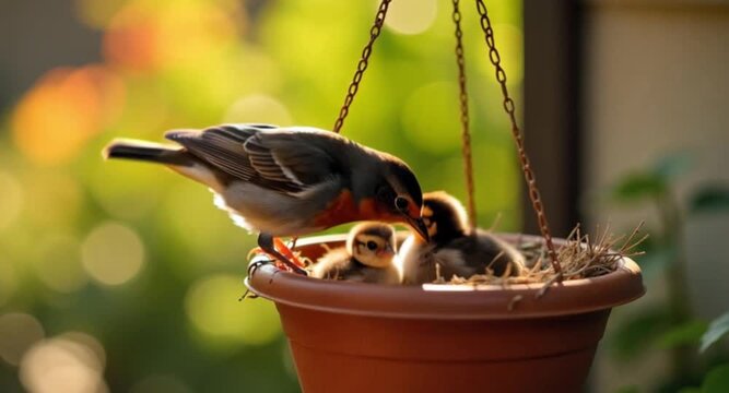 4K ultra HD video of robin and baby chicks nestled together &ndash; beautiful nature scene showcasing bird parenting in detail.


