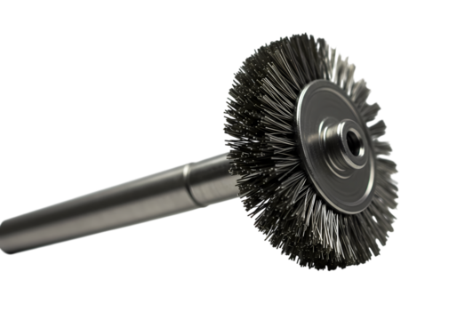 Closeup View of a Rotary Wire Brush Industrial Cleaning Tool with Metal Bristles and Cylindrical Handle