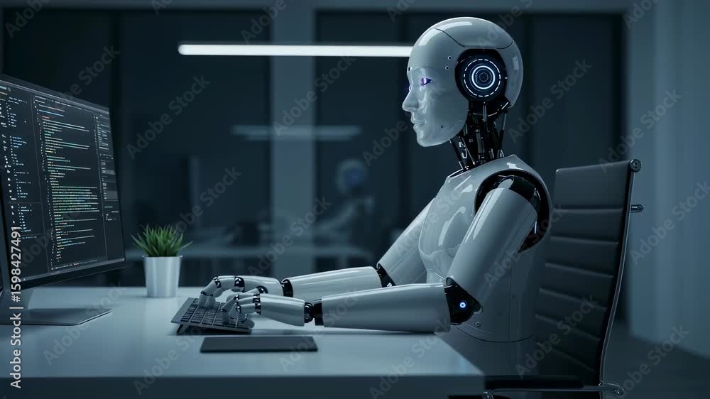 Poster Robotic humanoid working at computer. AI robot typing on keyboard. Artificial intelligence programming code. Futurism video.