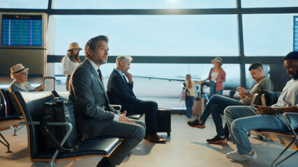 Businessman waiting for flight in airport lounge with diverse passengers