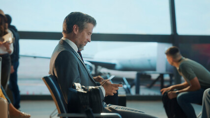 Businessman using smartphone in airport lounge waiting for flight