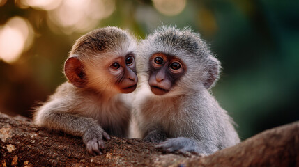Naklejka premium Adorable Baby Monkeys Playing and Climbing in Natural Habitat