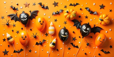 A festive halloween display of spooky balloons, pumpkins, and decorations on an orange background